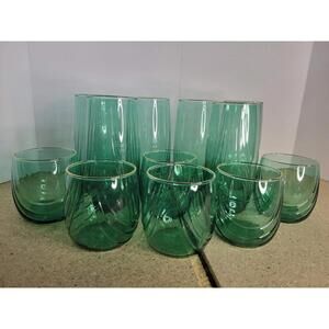 Vtg Green Swirl Glass Tumbler Set 12 Piece Gold Rim Bar Glassware Drinkware MCM